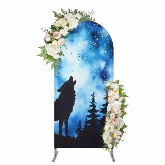 Arch Backdrop 5 Ft, Wolf Black Silhouette Spandex Stretch Fitted Arch Cover, Round Top Chiara Arches Stand Backdrop Cover for Wedding Birthday Party Baby Shower Forest Starry Night