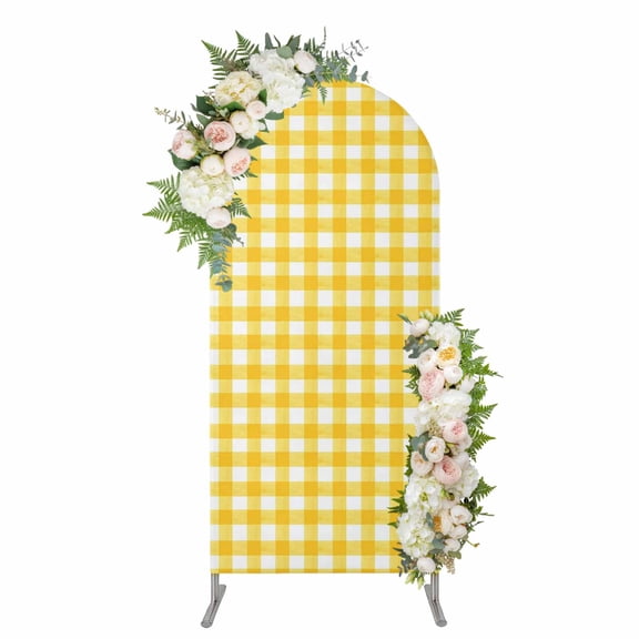 Arch Backdrop 5 Ft, Yellow Spandex Stretch Fitted Arch Cover, Round Top Chiara Arches Stand Backdrop Cover for Wedding Birthday Party Baby Shower Country French Rustic Buffalo Plaid Modern Art