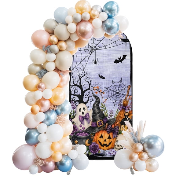Arch Backdrop 6.6 Ft, Halloween Spandex Stretch Fitted Arch Cover, Round Top Chiara Arches Stand Backdrop Cover for Wedding Birthday Party Horror Ghost Pumpkins Floral Bats Witch Hat Purple