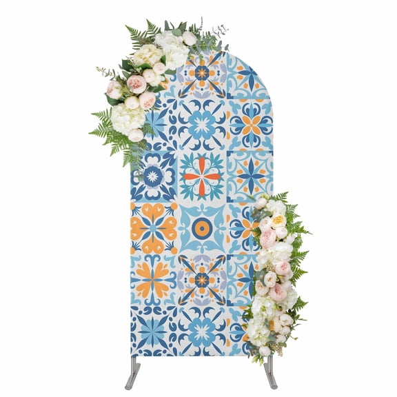 Arch Backdrop 6 Ft, Blue Mediterranean Spandex Stretch Fitted Arch Cover, Round Top Chiara Arches Stand Backdrop Cover for Wedding Birthday Party Baby Shower Vintage Moroccan Tiles Texture