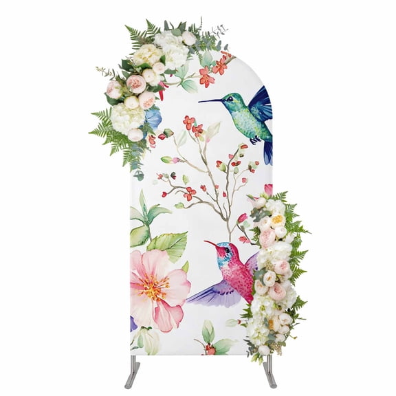Arch Backdrop 6 Ft, Colorful Hummingbird Spandex Stretch Fitted Arch Cover, Round Top Chiara Arches Stand Backdrop Cover for Wedding Birthday Party Baby Shower Spring Pink Flowers Branch