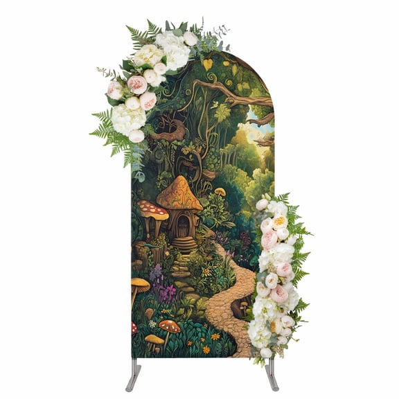 Arch Backdrop 6 Ft, Forest Spandex Stretch Fitted Arch Cover, Round Top Chiara Arches Stand Backdrop Cover for Wedding Birthday Party Baby Shower Vintage Cottage Mushroom Tree Floral Green