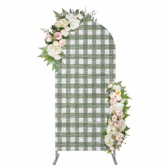Arch Backdrop 6 Ft, Green Buffalo Plaid Spandex Stretch Fitted Arch Cover, Round Top Chiara Arches Stand Backdrop Cover for Wedding Birthday Party Baby Shower Farmhouse Checked Retro Geometric Art