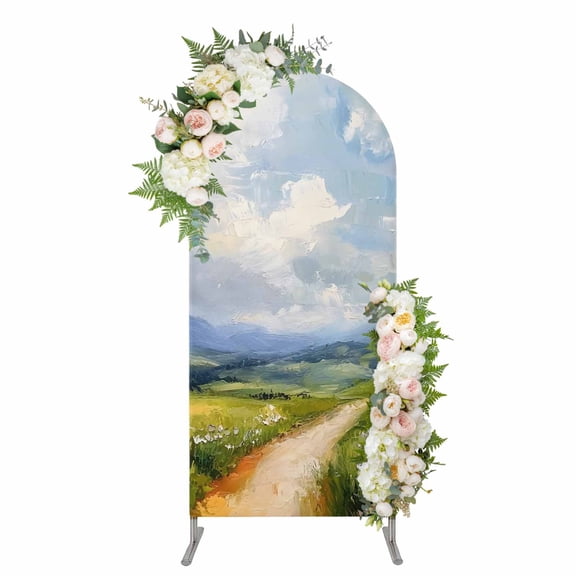 Arch Backdrop 6 Ft, Oil Painting Spandex Stretch Fitted Arch Cover, Round Top Chiara Arches Stand Backdrop Cover for Wedding Birthday Party Baby Shower Modern Grassland Mountain Scenery