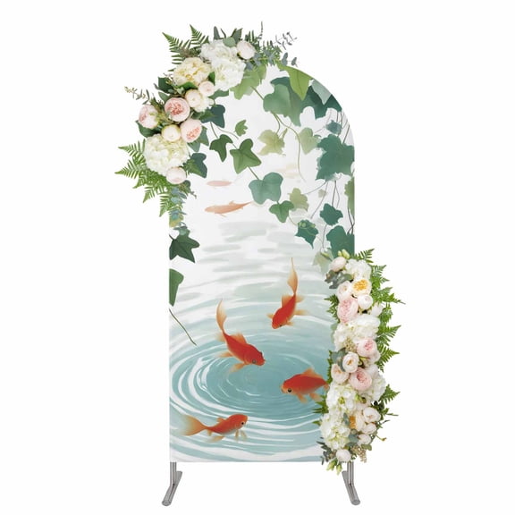 Arch Backdrop 7.2 Ft, Japanese Carp Fish Spandex Stretch Fitted Arch Cover, Round Top Chiara Arches Stand Backdrop Cover for Wedding Birthday Party Oriental Art Rustic Leaves Vines Koi Fish