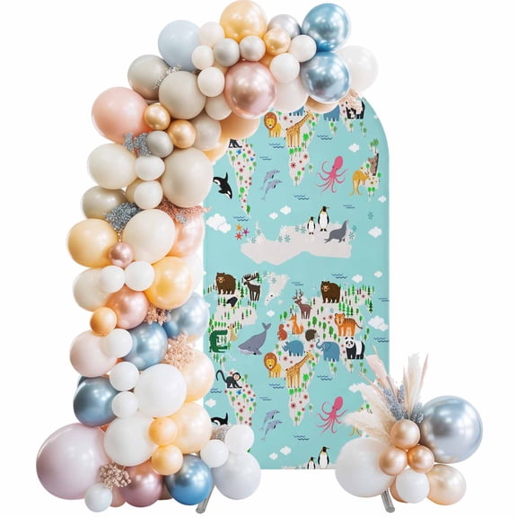 Arch Backdrop Cover 4FT Abstract Map Cartoon Animals Stretch Spandex Arch Stand Cover, Blue Ocean Cloud Palm Tree Round Top Chiara Backdrop Stand Covers for Wedding Birthday Party Banquet Ceremony﻿