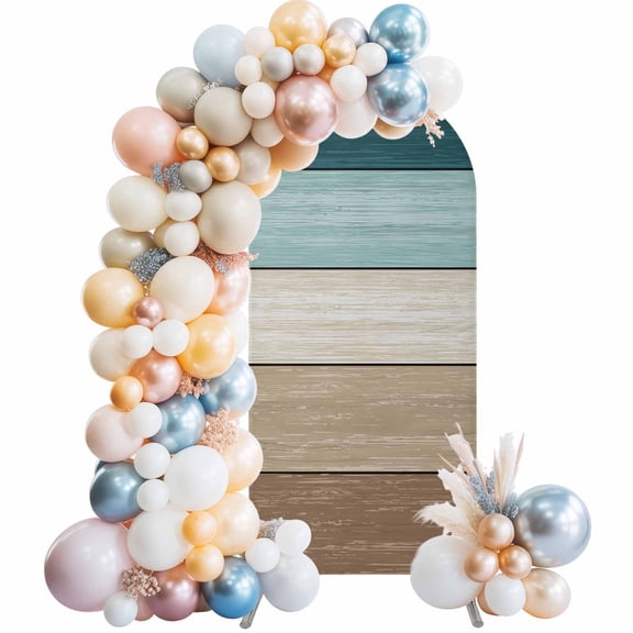 Arch Backdrop Cover 4FT Farm Retro Wood Board Gradient Stretch Spandex Arch Stand Cover, Farmhouse Barn Brown Teal Plank Round Top Chiara Backdrop Stand Covers for Wedding Birthday Party Banquet