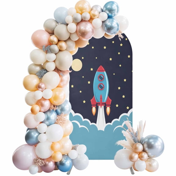 Arch Backdrop Cover 4FT Space Rocket Moon Star Stretch Spandex Arch Stand Cover, Cartoon Style Round Top Chiara Backdrop Stand Covers for Wedding Birthday Party Banquet Ceremony﻿