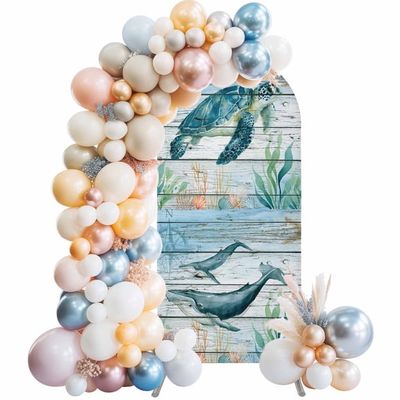 Arch Backdrop Cover 4FT Turtle Seahorse Octopus Whale Stretch Spandex Arch Stand Cover, Marine Life on Wood Round Top Chiara Backdrop Stand Covers for Wedding Birthday Party Banquet Ceremony﻿