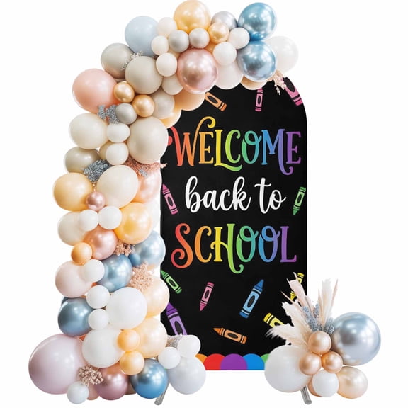 Arch Backdrop Cover 4FT Welcome Back to School Stretch Spandex Arch Stand Cover, Colorful Crayon Cartoon Round Top Chiara Backdrop Stand Covers for Wedding Birthday Party Banquet Ceremony﻿