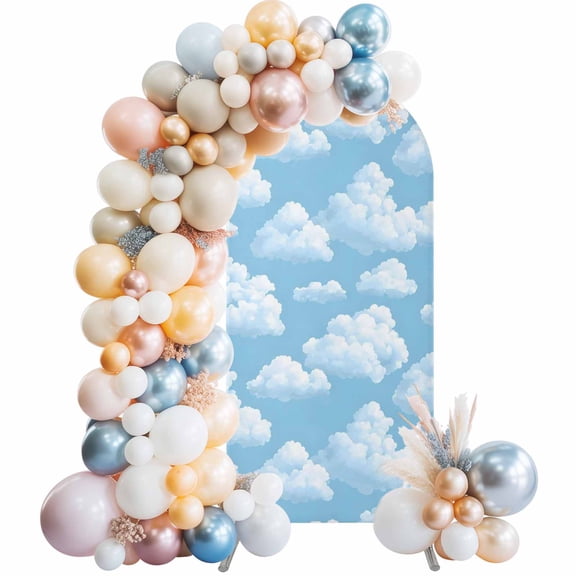 Arch Backdrop Cover 6.6FT Fluffy White Clouds Stretch Spandex Arch Stand Cover, Symmetrical Blue Sky Pattern Round Top Chiara Backdrop Stand Covers for Wedding Birthday Party Banquet Ceremony