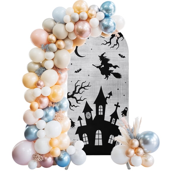 Arch Backdrop Cover 6.6FT Halloween Haunted House Witch Stretch Spandex Arch Stand Cover, Bat Dead Tree Moon Night Round Top Chiara Backdrop Stand Covers for Wedding Birthday Party Banquet Ceremony