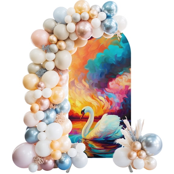 Arch Backdrop Cover 6.6FT Oil Style Animals Swan Stretch Spandex Arch Stand Cover, Sunset Background Round Top Chiara Backdrop Stand Covers for Wedding Birthday Party Banquet Ceremony﻿