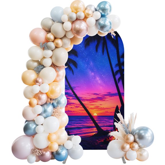 Arch Backdrop Cover 6.6FT Summer Palm Tree Silhouettes Stretch Spandex Arch Stand Cover, Starry Sky Bonfire Flare Round Top Chiara Backdrop Stand Covers for Wedding Birthday Party Banquet Ceremony﻿