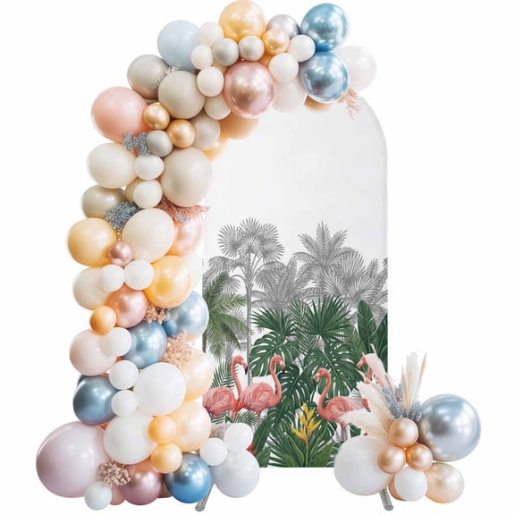 Arch Backdrop Cover 6.6FT Summer Pink Flamingo Palm Leaf Stretch Spandex Arch Stand Cover, Tropical Animal Plant Tree Round Top Chiara Backdrop Stand Covers for Wedding Birthday Party Banquet
