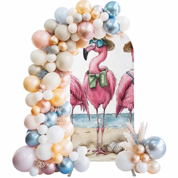 Arch Backdrop Cover 6.6FT Summer Seaside Beach Flamingo Stretch Spandex Arch Stand Cover, Watercolor Shell Hat Bow Round Top Chiara Backdrop Stand Covers for Wedding Birthday Party Banquet Ceremony﻿