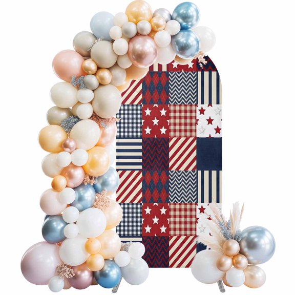 Arch Backdrop Cover 6FT 250th Anniversary Patriotic Patchwork Stretch Spandex Arch Stand Cover, Red White Blue Plaid Round Top Chiara Backdrop Stand Covers for Wedding Birthday Party Banquet