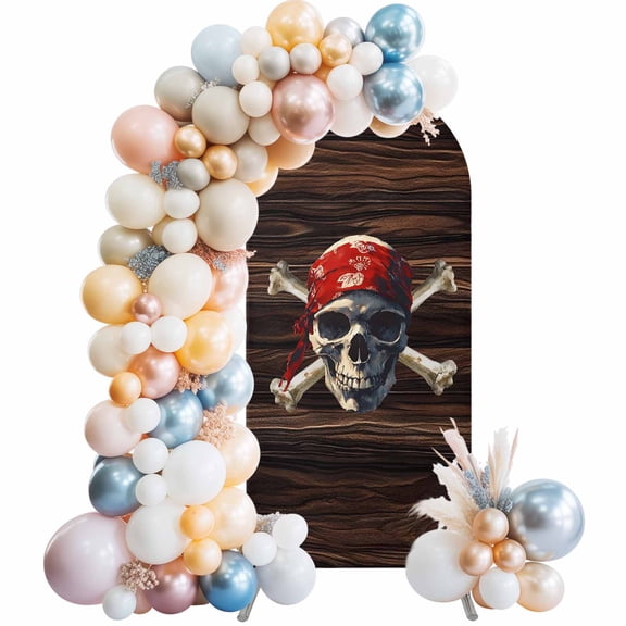 Arch Backdrop Cover 6FT Abstract Punk Pirate Skull Stretch Spandex Arch Stand Cover, Crossbones on Brown Wood Board Round Top Chiara Backdrop Stand Covers for Wedding Birthday Party Banquet