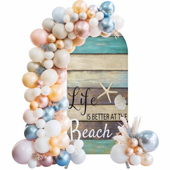 Arch Backdrop Cover 6FT Better Beach Life on Wood Stretch Spandex Arch Stand Cover, Rustic Wooden Board Round Top Chiara Backdrop Stand Covers for Wedding Birthday Party Banquet Ceremony