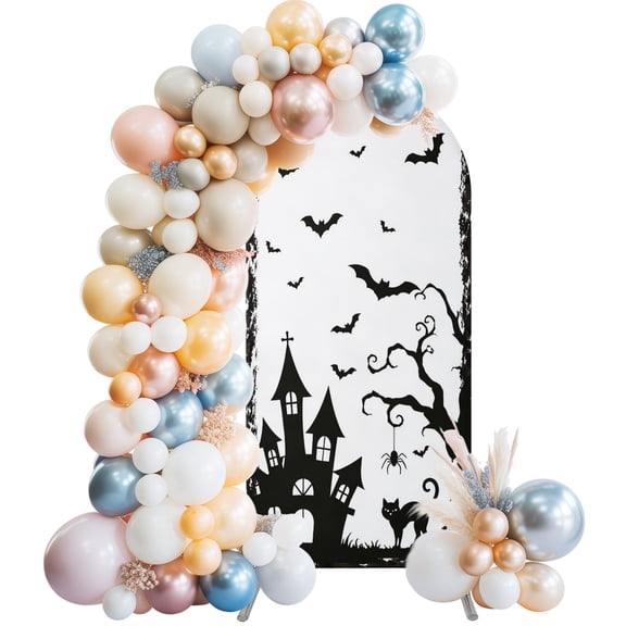Arch Backdrop Cover 6FT Halloween Haunted House Bat Stretch Spandex Arch Stand Cover, Black Cat Bats Dead Tree Round Top Chiara Backdrop Stand Covers for Wedding Birthday Party Banquet Ceremony