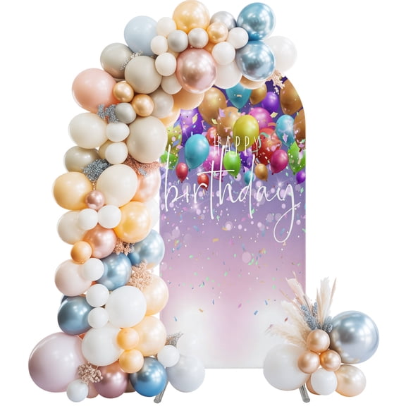 Arch Backdrop Cover 6FT Happy Birthday Colorful Balloon Stretch Spandex Arch Stand Cover, Gradient Purple Background Round Top Chiara Backdrop Stand Covers for Wedding Birthday Party Banquet