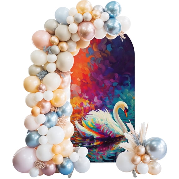 Arch Backdrop Cover 6FT Oil Painting Style Swan Stretch Spandex Arch Stand Cover, Colorful Reflection Art Round Top Chiara Backdrop Stand Covers for Wedding Birthday Party Banquet Ceremony﻿