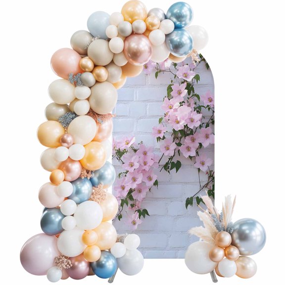 Arch Backdrop Cover 6FT Spring Pink Flower Green Leaf Stretch Spandex Arch Stand Cover, Blossom Floral White Brick Wall Round Top Chiara Backdrop Stand Covers for Wedding Birthday Party Banquet