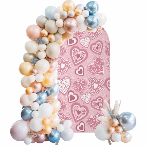 Arch Backdrop Cover 6FT Valentine's Day Sweet Love Heart Pattern Stretch Spandex Arch Stand Cover, Pink White Hearts Round Top Chiara Backdrop Stand Covers for Wedding Birthday Party Banquet