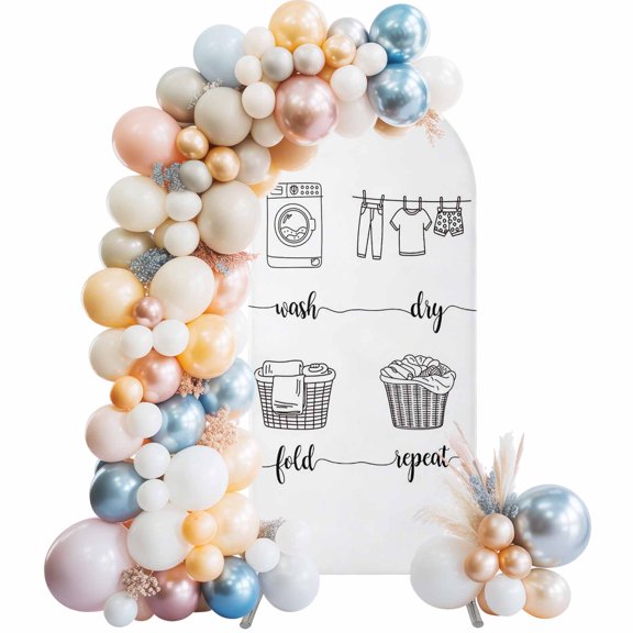 Arch Backdrop Cover 6FT Wash Dry Fold Repeat Words Stretch Spandex Arch Stand Cover, Cartoon Laundry Steps Round Top Chiara Backdrop Stand Covers for Wedding Birthday Party Banquet Ceremony