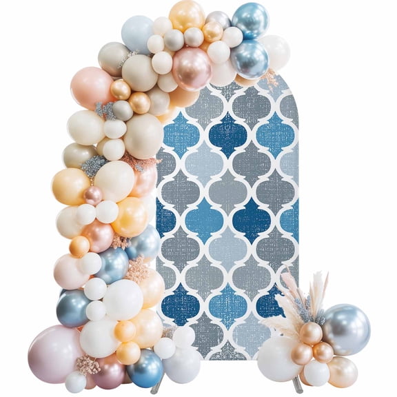 Arch Backdrop Cover 7.2 ft Abstract Geometric Morocco Pattern Arch Backdrop Stretch Gray and Blue Photo Background Arch Covers for Wedding Party Birthday Ceremony Banquet Decorations Balloon Arches