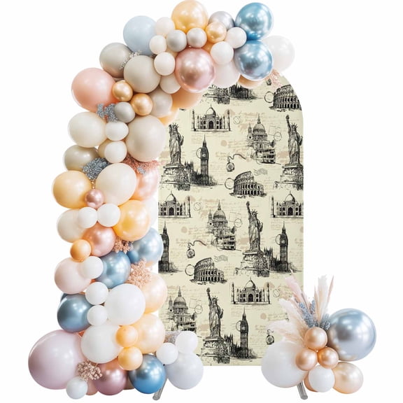 Arch Backdrop Cover 7.2 ft Architecture Landscape Arch Backdrop Stretch Fabric Beige Scenic Spots Photo Background Arch Covers for Wedding Party Birthday Ceremony Banquet Decorations Balloon Arches