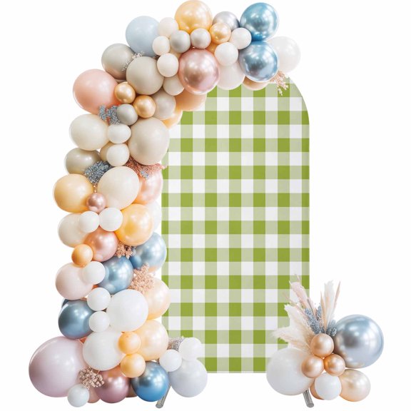 Arch Backdrop Cover 7.2 ft Avocado Green Buffalo Plaid Arch Backdrop Stretch Fabric Check Lines Photo Background Arch Covers for Wedding Party Birthday Ceremony Banquet Decorations Balloon Arches