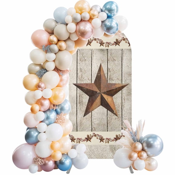 Arch Backdrop Cover 7.2 ft Barn Star Retro Wood Grain Arch Backdrop Stretch Fabric Vintage Village Photo Background Arch Covers for Wedding Party Birthday Ceremony Banquet Decorations Balloon Arches
