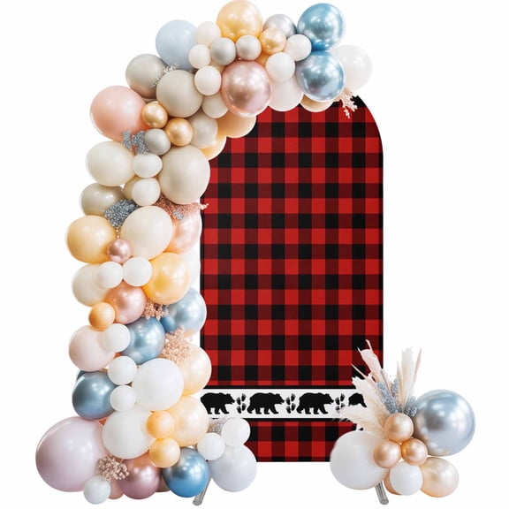 Arch Backdrop Cover 7.2 ft Bear Footprints Red Buffalo Plaid Arch Backdrop Stretch Forest Animals Photo Background Arch Covers for Wedding Party Birthday Ceremony Banquet Decorations Balloon Arches