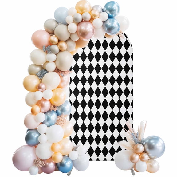 Arch Backdrop Cover 7.2 ft Black Diamond Plaid Arch Backdrop Stretch Fabric White Geometric Check Photo Background Arch Covers for Wedding Party Birthday Ceremony Banquet Decorations Balloon Arches