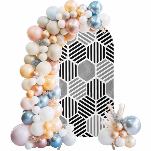 Arch Backdrop Cover 7.2 ft Black Gray Hexagon Arch Backdrop Stretch Fabric Abstract Geometric Art Photo Background Arch Covers for Wedding Party Birthday Ceremony Banquet Decorations Balloon Arches