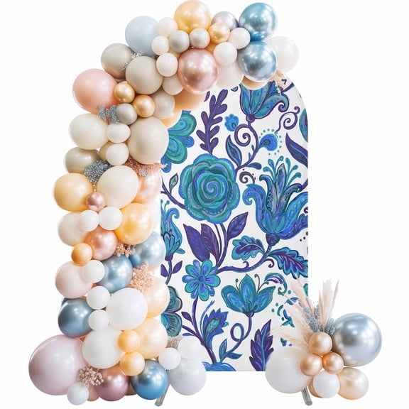 Arch Backdrop Cover 7.2 ft Blue Bohemian Flower Arch Backdrop Stretch Boho Exotic Floral Pattern Photo Background Arch Covers for Wedding Party Birthday Ceremony Banquet Decorations Balloon Arches