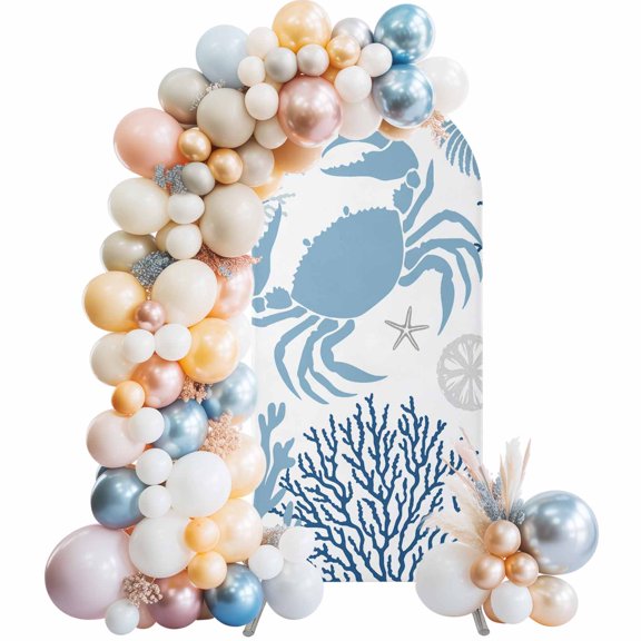 Arch Backdrop Cover 7.2 ft Blue Crab Arch Backdrop Stretch Fabric Ocean Coral Starfish Shell Photo Background Arch Covers for Wedding Party Birthday Ceremony Banquet Decorations Balloon Arches
