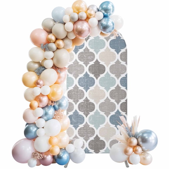 Arch Backdrop Cover 7.2 ft Blue Grey Moroccan Design Arch Backdrop Stretch Geometric Pattern Photo Background Arch Covers for Wedding Party Birthday Ceremony Banquet Decorations Balloon Arches
