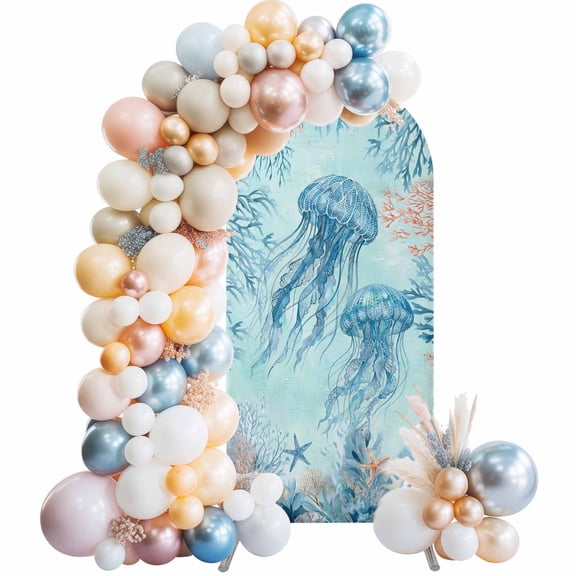 Arch Backdrop Cover 7.2 ft Blue Jellyfish Arch Backdrop Stretch Fabric Ocean Starfish Coral Shell Photo Background Arch Covers for Wedding Party Birthday Ceremony Banquet Decorations Balloon Arches