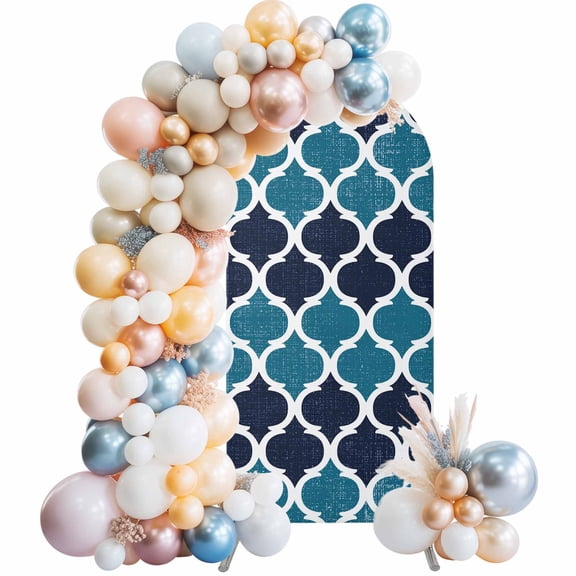 Arch Backdrop Cover 7.2 ft Blue Moroccan Design Arch Backdrop Stretch Retro Geometric Pattern Photo Background Arch Covers for Wedding Party Birthday Ceremony Banquet Decorations Balloon Arches
