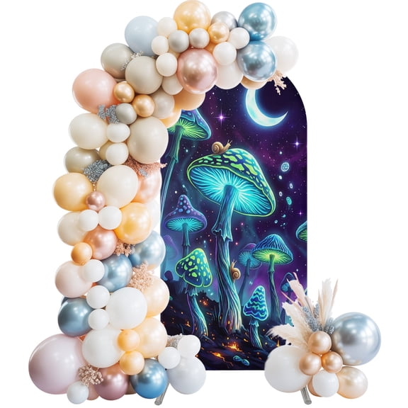 Arch Backdrop Cover 7.2 ft Blue Neon Mushrooms Arch Backdrop Stretch Fantasy Shiny Moon Snails Photo Background Arch Covers for Wedding Party Birthday Ceremony Banquet Decorations Balloon Arches