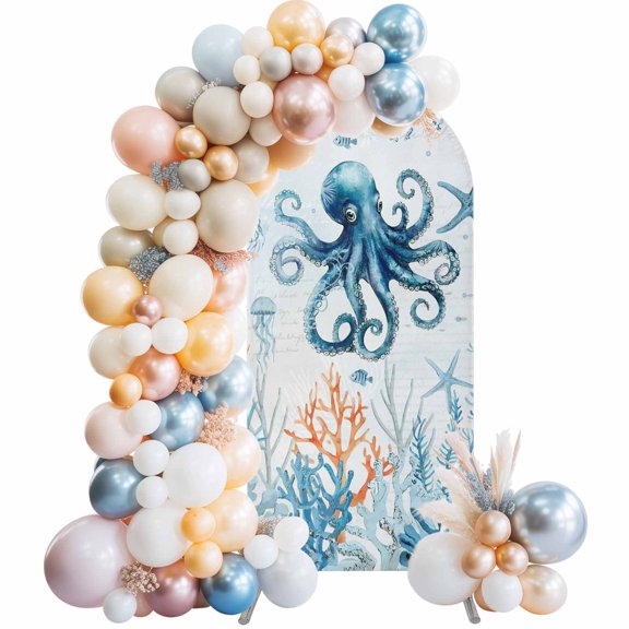 Arch Backdrop Cover 7.2 ft Blue Octopus Arch Backdrop Stretch Fabric Ocean Coral Starfish Photo Background Arch Covers for Wedding Party Birthday Ceremony Banquet Decorations Balloon Arches