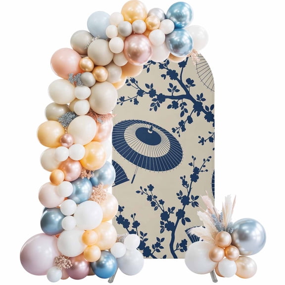 Arch Backdrop Cover 7.2 ft Blue Paper Fan Arch Backdrop Stretch Cherry Blossom Branch Japanese Style Photo Background Arch Covers for Wedding Party Birthday Ceremony Banquet Decor Balloon Arches