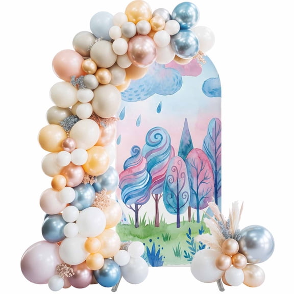 Arch Backdrop Cover 7.2 ft Blue Pink Could Rain Drop Arch Backdrop Stretch Forest Tree Mountain Photo Background Arch Covers for Wedding Party Birthday Ceremony Banquet Decorations Balloon Arches