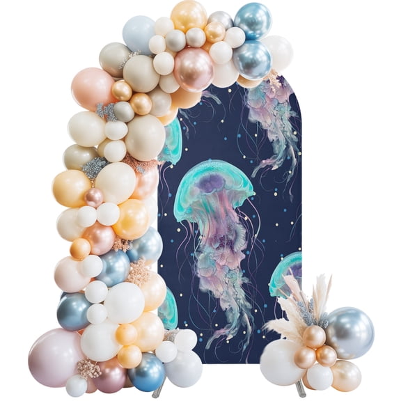 Arch Backdrop Cover 7.2 ft Blue Purple Jellyfish Arch Backdrop Stretch Coastal Ocean Bubbles Photo Background Arch Covers for Wedding Party Birthday Ceremony Banquet Decorations Balloon Arches