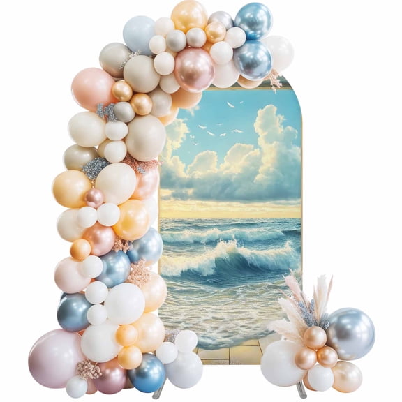 Arch Backdrop Cover 7.2 ft Blue Sky Cloud Arch Backdrop Stretch Fabric Beach Waves Window Photo Background Arch Covers for Wedding Party Birthday Ceremony Banquet Decorations Balloon Arches