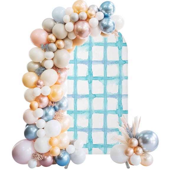 Arch Backdrop Cover 7.2 ft Blue Teal Buffalo Plaid Arch Backdrop Stretch Fabric Check Striped Photo Background Arch Covers for Wedding Party Birthday Ceremony Banquet Decorations Balloon Arches