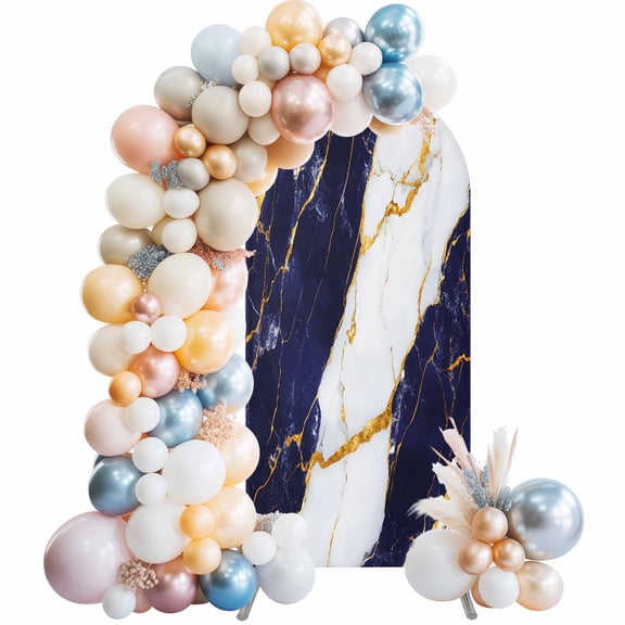 Arch Backdrop Cover 7.2 ft Blue White Marble Arch Backdrop Stretch Fabric Gold Abstract Art Photo Background Arch Covers for Wedding Party Birthday Ceremony Banquet Decorations Balloon Arches