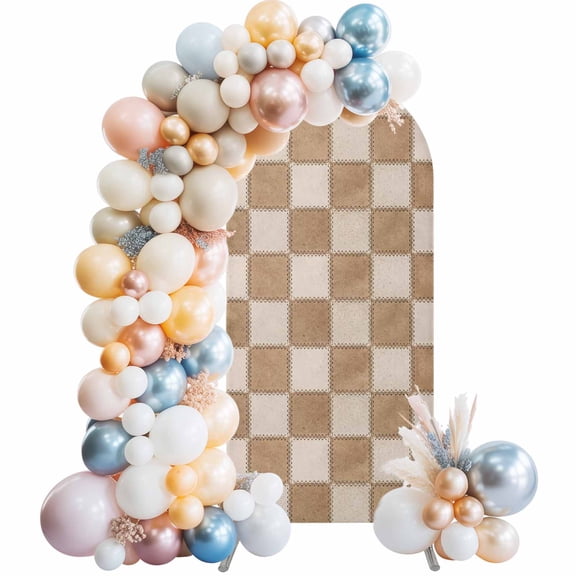 Arch Backdrop Cover 7.2 ft Brown Linen Texture Arch Backdrop Stretch Bohemian Patchwork Checkerboard Photo Background Arch Covers for Wedding Party Birthday Ceremony Banquet Decor Balloon Arches